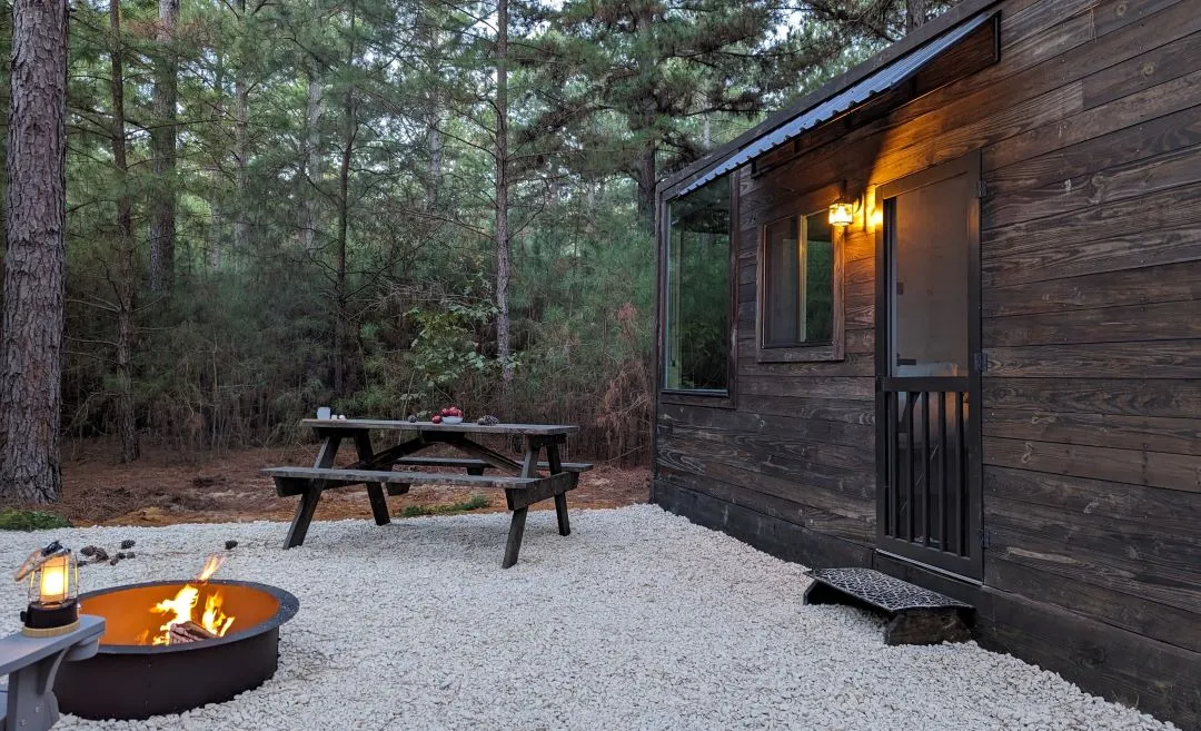a tranquil tiny cabin with a fire pit and picnic table