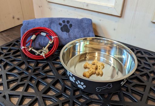 Dog bowl and leash